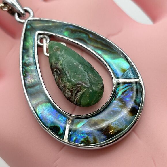 Italy 925 Sterling Silver Abalone Stone Teardrop Pendant Necklace Chain Boho - Picture 4 of 9